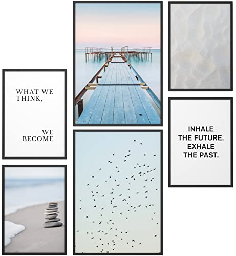 Papierschmiede® Mood Poster Set Zeitlos, Deko Bilder Wohnzimmer, 2x DIN A4 und 4x DIN A5, Home Decoration Boho Style Strand Steg Ruhe Blau Türkis - Wandposter ohne Rahmen