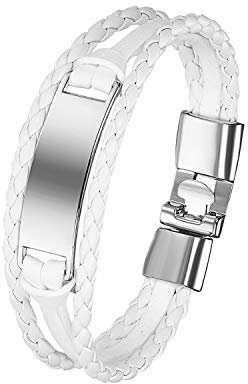 JewelryWe Personalisiert Lederarmband Armband Herren: Weiß Mehrschichtig Geflochten Leder Manschette Armreif Armspange mit Silber Edelstahl Gravurplatte Vintage Wickelarmband Schmuck Männer Frauen