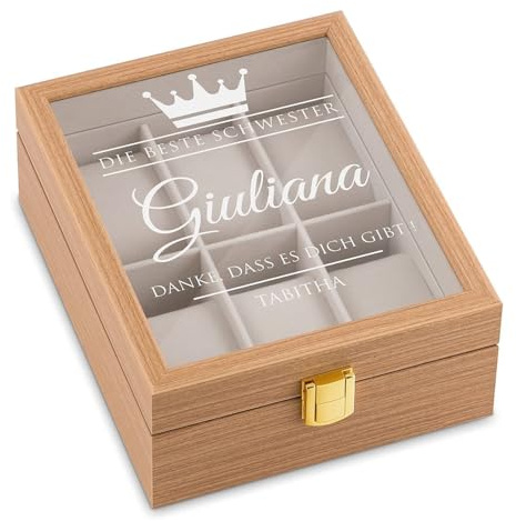 Maverton Uhrenbox mit Gravur für 6 Uhren, Jewelkeeper Hellbraun | Uhrenschachtel, Uhrenaufbewahrungsbox aus Holz, personalisiert, Geschenk zum Geburtstag für Frauen