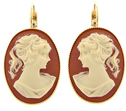 Vintage Ohrringe - aus Messing mit 24KT Gold - Handgefertigt in der Toskana, Made in Italy - ovale, rosa, zentrale Kammee