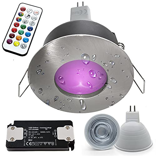 Planetitaly Spot encastrable LED 6 W 12 V chromothérapie IP65 cabine de douche bain turc lampe GU5.3 RGB 3000 K 6000 K télécommande IR (couleur Silver brossé, lumière RGBW+6000 K)