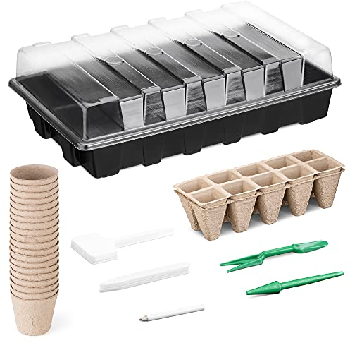 Navaris Kit démarrage semences - Équipement biodégradable pour semis - Kit Complet Pots en Tourbe Plateaux de Culture étiquettes planteurs Crayon