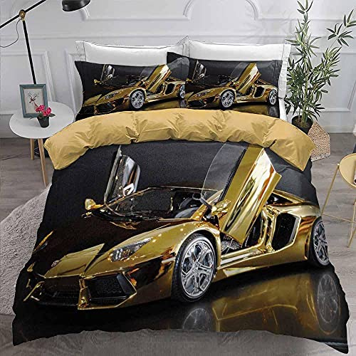 WHUOEUCO Bettwäsche Set Goldener Sportwagen Bettbezug Set Erwachsene Kinder Weich Atmungsaktiv Microfaser Betten Set mit Reißverschluss und 2 Kissenbezug 155 x 220 cm