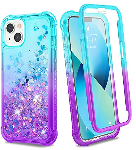 Ruky iPhone 13 & 14 Case, Glitter Liquid Full Body Rugged Cover with Built-in Screen Protector, Soft TPU Shockproof Girls Women Case for iPhone 13 & 14 6.1', Teal Purple