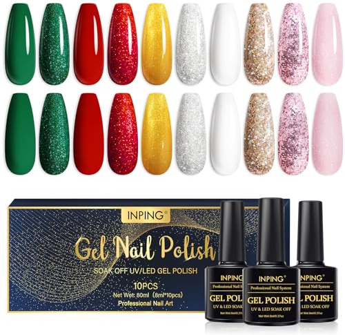 INPING UV Nagellack Set, 10 Farben Weihnachten Gel Nagellack, Rot Grün Gold Weiß Rosa Glitzer Gelnägel Soak Off UV für DIY Nail Art Maniküre Salon, Neujahr Schönheit Geschenke, Langlebiges