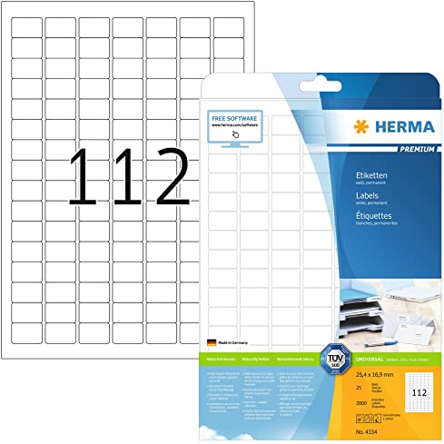 HERMA 4334 Universal Etiketten, 800 Blatt, 25,4 x 16,9 mm, 112 pro A4 Bogen, 89600 Stück, selbstklebend, bedruckbar, matt, blanko Papier Klebeetiketten Aufkleber, weiß