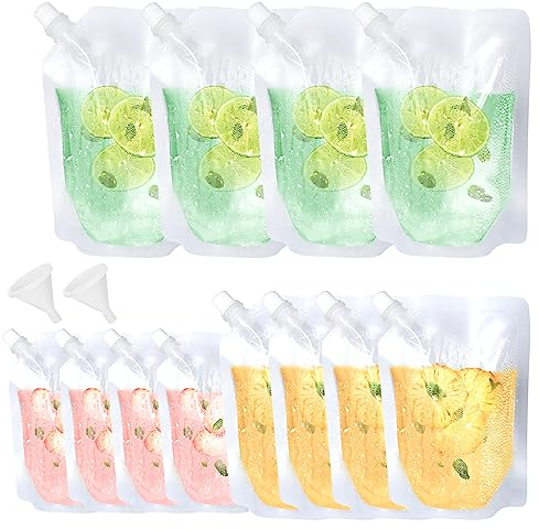 12 Pcs Plastic Drink Pouches and 2 Pcs Funnel, Drink Pouches for Festival, Reusable Liquor Flasks with Spout, Refillable Clear 250 ml 350 ml 500 ml Drinks Juice Leak Proof Drink Flasks (14)