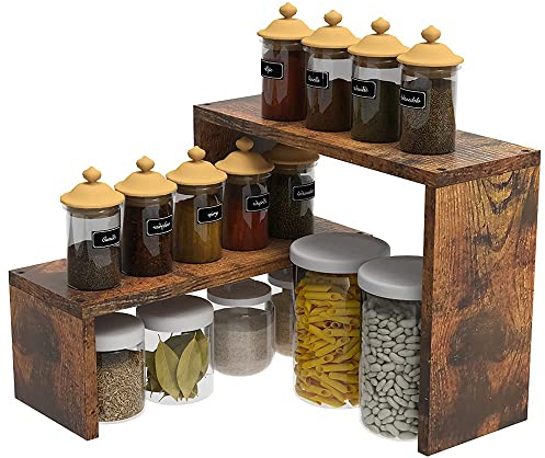 VEDECASA 2 Tier Stackable Expandable Corner Spice Rack for Kitchen Countertop Cabinet & Pantry Organizer Rustic Brown Wooden Corner Shelf Rack for Desktop Storage