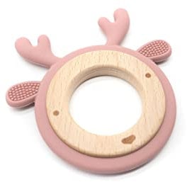 hochwertiger Beißring Hirsch, Reh, Holz, Silikon (phtalatefrei), mit Namen personalisierbar, das perfekte Geschenk zur Geburt oder Taufe (Berry)