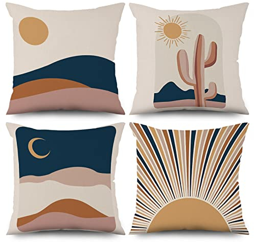 ASDCXZ Boho Kissenbezug 40x40 cm 4er Set, Boho Abstrakt Kunst Sonne Kaktus Beige Marineblau Sofa Dekokissen Kissenbezüge Kissenhülle Waschbar Polyester Flachs Textil Kopfkissenbezug Kissen Bezug
