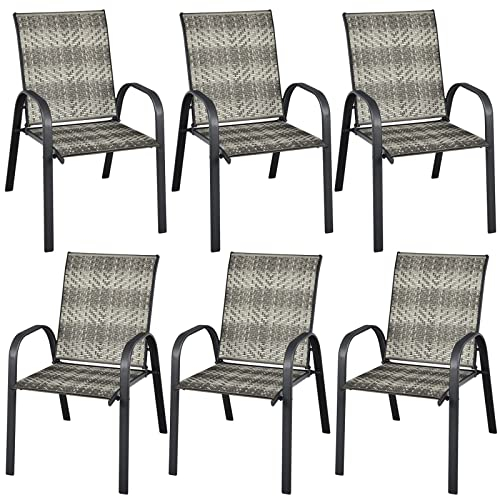 COSTWAY 6PCS Garden Rattan Chairs, Stackable PE Wicker Patio Bistro Dining Chairs with Armrests, Outdoor Steel Frame High Back Deck Chair for Lawn, Backyard and Poolside