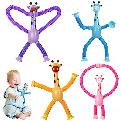 4 Piezas Juguete de Jirafa con Ventosa Telescópica, Juguetes Sensoriales de Tubo Pop de Jirafa, Jirafa Telescópica con Ventosa, Juguete Sensorial de Jirafa Educativos