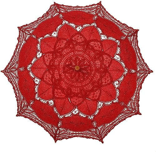 SQOIKOS Spitzenschirm, Vintage, Hochzeit, Brautschmuck, Spitzenschirm für Dekoration, Foto, Teeparty, 81,3 cm, Erwachsenengröße, Rot