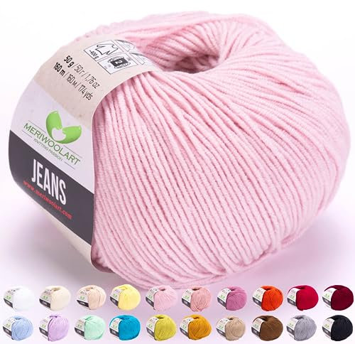 MeriWoolArt® Hellrosa Baumwollgarn zum Stricken und Häkeln, Textilgarn, Stoffgarn, Baby Wollgarn für Handarbeiten, Babykleidung, Amigurumi, Babydecke, Pullover, Mützen und Accessoires