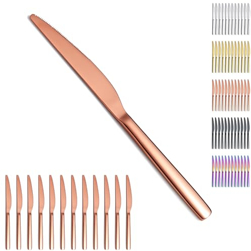 Evanda Set di coltelli da bistecca in oro rosa 12 pezzi, coltelli da tavola in acciaio inossidabile placcati in titanio, set di coltelli da burro, set di posate in argento, lavabili in lavastoviglie