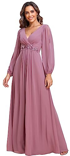 Ever-Pretty Women's Elegant A-Line Deep V-Neck Appliques Pleated Long Sleeve Bridesmaid Dress Orchid 24UK