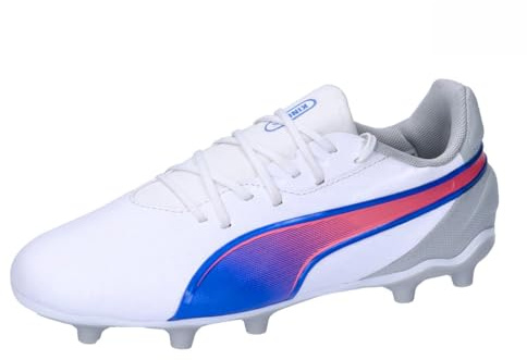 PUMA Unisex Youth King Match FG/AG JR Soccer Shoe, PUMA White-BLUEMAZING-Flat Light Gray, 2.5 UK