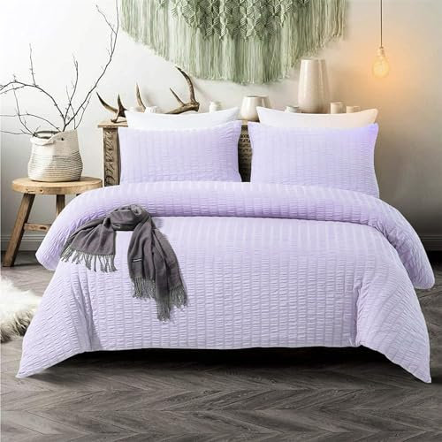 Lavender Purple Seersucker Bedding Set with Zipper Closure 3 Pieces Seersucker Duvet Cover with 2 Pillowcases,Soft Microfibre,King Size 220×230cm