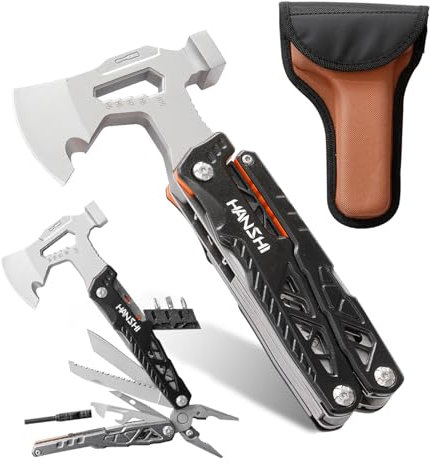 HANSHI Camping Axt Multitool mit YG10 Wolfram Stahl austauschbare Drahtschneider für Geschenk 17 in 1 Multi Tool mit Feder-Action Zange, Messer, Schraubendreher, Flint Rob, Safty Pfeife mit Nylon Hüll