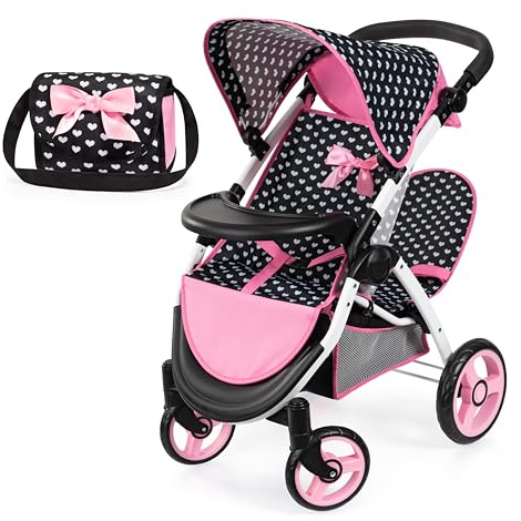 Bayer Twin Star Twin Dolls Stroller for 18 inch Dolls, Sibling Buggy, Foldable with Shoulder Bag