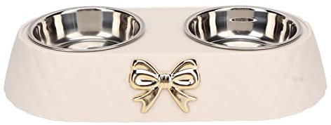 LOCADENCE Double Dog Water and Food Bowls, Removable Non Slip Stainless Steel Pet Bowls with Bowknot Decor Holder for Puppy, Medium Dogs, Cats (Beige)