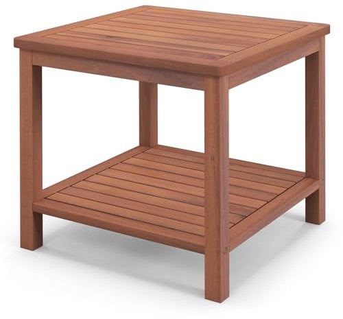 COSTWAY Garden Side Table, Solid Acacia Wood Outdoor Coffee Table with 2-Tier Storage Shelves, Weather-Resistant Square Small End Snack Tea Table for Patio, Balcony, Backyard and Poolside, 45x45x45cm