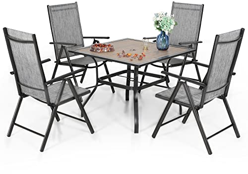 PHIVILLA Gartenmöbel Set Gartenset Tisch und Stühle für Draußen, Terrassenmöbel mit Verstellbaren Klappbaren Gartenstühle und Quadratischem Holzähnlichem Metall-Tisch mit 4cm Schirmloch, Grau