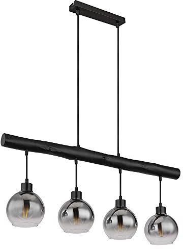 Hängelampe Holzbalken Hängeleuchte Retro Holz Esszimmerlampe Pendelleuchte 4 flammig, schwarz, Glas rauch, 4x E27, LxBxH 85x15x120 cm