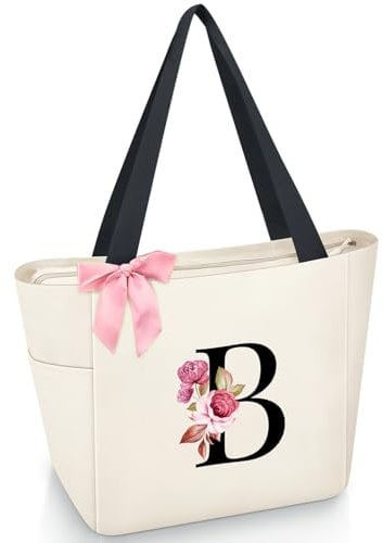 Vavabox Handtasche Damen A-Z Reißverschluss Schultertasche, Geschenke für Damen,Bräute und Brautjungfern, Arbeit,Reisen,Einkaufen,Schule (B, Beige)