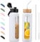 BLUEGO 900ML Bouteille d'eau en Verre et 2 Couvercles Gourde Reutilisable Tasse à Café avec Marqueur de Temps et Protecteur en Silicone Sans BPA pour Enfant et Adultes, Blanc