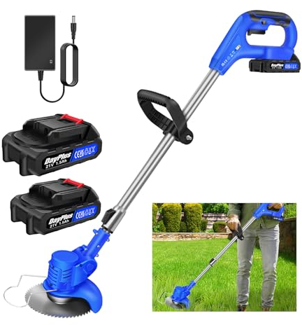 Desbrozadora Eléctrica 21V Ion-Litio Barredora De Hierbas Eléctrica Sin Cable, Ligera Recortadora De Césped, 2* Baterías 1500mAh, 10 Cuchillas Metálicas, 1 Hoja De Sierra Circular, Azul