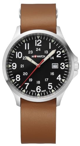 M+WATCH - Herrenuhr - Analog Quarzuhr 44mm - WBL.41220.LT - Gehärtetes Mineralglas - Gebürstetes Edelstahlgehäuse - Echtlederarmband - Datum - Wasserdicht bis 30 m - Hergestellt in der Schweiz