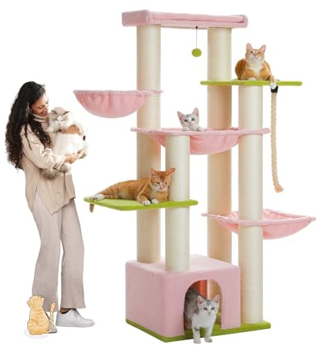 PAWZ Road Grand Arbre à Chat Hauteur 169 cm,Multi-Niveaux avec Poteaux XXL 11 cm en Sisal, Corde à Griffer Épaisse, Condos Spacieux, Hamac Robuste et Grand Perchoir, Rose