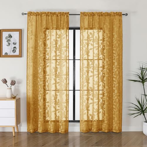 OVZME Durchsichtige Vorhänge für Wohnzimmer, Jacquard-Clip, Blattmuster, strukturiert, lichtfilternd, halbtransparent, für Schlafzimmer, 106,7 x 183,9 cm, goldfarben