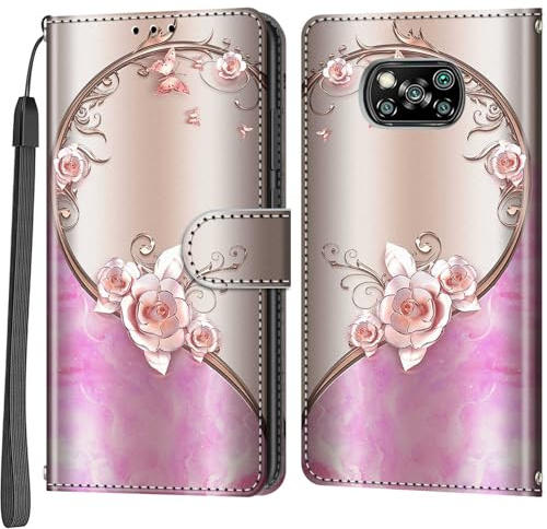 Salanheo Handyhülle für Xiaomi Poco X3 NFC / X3 Pro Hülle, Rosa Rose | Magnetische, Stoßfeste Faltbar Klapphülle, Standfunktion, Kartenfächern, Geldbeutel, PU Lederhülle, Handytasche