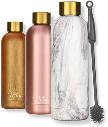 Milu Gourde Isotherme - Bouteille Isotherme - 750ml - Gourde INOX Bouche Standard - Gourde Sport Étanche - Gourde Enfant sans BPA - Brosse de nettoyage incluse (Pink Marble, 750ml)