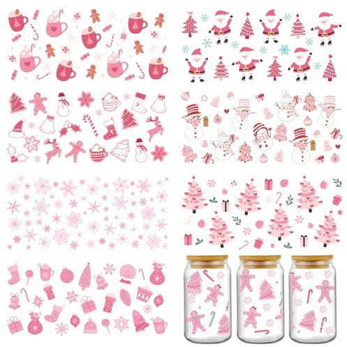 Christmas Transfer Cup Wraps Decals - 8 Sheets Cute Pink Snowflake Gingerbread Man UV DTF Cup Wraps for 16 oz Glass Mugs, Snowman Candy Santa UV DTF Decals for Christmas Handicrafts Decoration Gifts