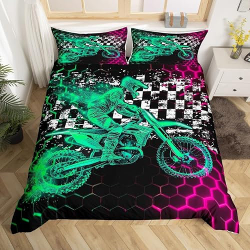 Loussiesd, Set copripiumino con cerniera per letto singolo (2 pezzi), per bambini/ragazzi, a tema motocross, con motociclista su una dirt bike e motivo con esagoni e quadri, nero e verde