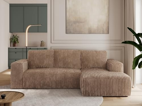 MKS MEBLE Sofa mit Schlaffunktion - Ecksofa mit Schlaffunktion und Bettkasten - Sofa 3 Sitzer - Schlafsofa - Couch - Schlafsofa mit Bettkasten - Trentino L - Braun Cord - Rechts
