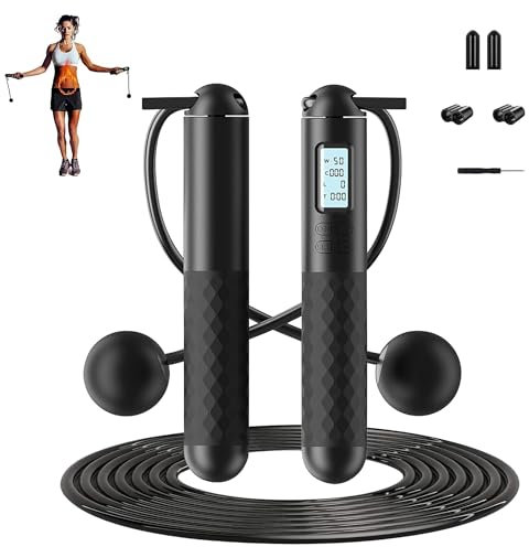 Cordless Skipping Ropes With Counter, Ropeless Skipping Rope, Wireless Weighted Gravities Ball Jump Rope For Adults Fitness,Smart Digital Jump Rope Without Rope, For Women Men Home Workout (Black)