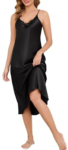 Vlazom Silk Nighties for Women, Satin Chemise Long Negligees Sexy Lace V-Neck Nightdress Adjustable Straps Babydoll Lingerie Full Slips Nightwear Black,L
