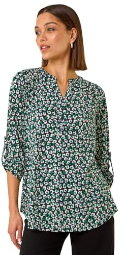Roman Shirt for Women UK Ladies Top Collarless Blouse Stretchy Tunic Smart Casual Autumn Winter Jersey 3/4 Length Sleeve Notch V Neck Flattering Office Work - Navy White Green - Size 16