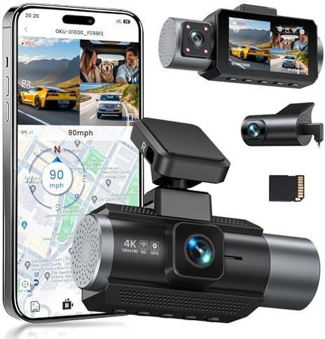 GKU Dash Cam Auto, 4K+1080P+1080P Tripla Telecamera per auto, Mini Dashcam IPS 3 con Scheda SD 64G, 5GHz WiFi e GPS, 24H Monitor di Parcheggio, Visione Notturna, WDR, Grandangolo 170°, Sensore G
