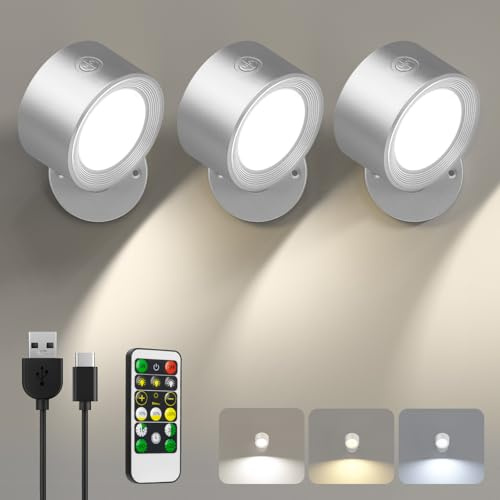 LED Wandleuchte Innen, 3 Stück Wandlampe Akku mit Fernbedienung, 3 Farbmodi Kabellos Wandlichter Lampen ohne Strom, 360° Drehbare Nachttischlampe Strahler für Kinderzimmer Schlafzimmer Wohnzimmer