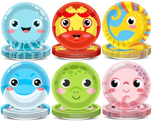 60Pcs Under the Sea Party Paper Plates for Ocean Birthday Party Decorations 7In Sea Animal Theme Dessert Plates Disposable Tableware Set for Underwater Baby Shower Ocean life Birthday Parties Supplies