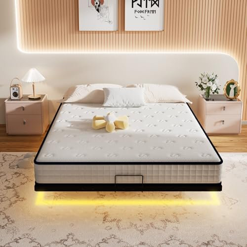 Stanew Lit 140x190 avec LED, Cadre de Lit 140 x 190 avec Sommier, Design Flottant avec Éclairage LED, 20CM Hauteur, Cachées Jambes, Sommier 140x190 Convient à Tous Les Matelas, Noir-sans Matelas