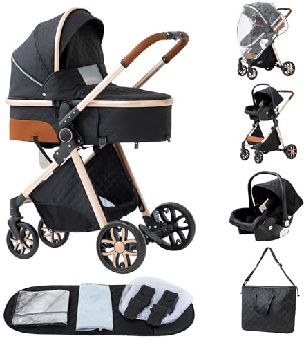 ALYIKOU-poussette 3 en 1，Combinaison pliable poussette 3 in 1，poussette bebe 0 a 3 ans Housse de pluie, sac Mommy, moustiquaire, accessoires de siège, adaptateur universel (LV9 Noir)