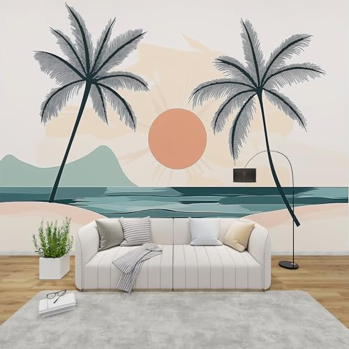 MMYAOKEN Papier Peint Panoramique Palmier Tropical 450x315 cm - Décoration Murale Coucher de Soleil Mer - Tapisserie Murales Papier Peint Intissé pour Chambre Salon - Poster Tableaux Photo Muraux