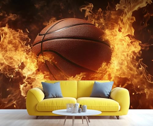 YXQAIED Basketball Wallpaper Mural, Flaming Basketball Wall Mural, Sports Theme Photo Wallpaper for Bedroom Living Room Decor (Not Peel and Stick)