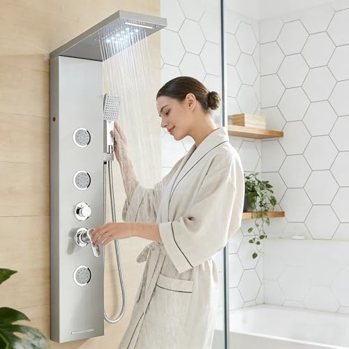 HARNART Système de Panneau de Douche avec 5 Modes,Tour de Panneau de Douche LED,3 Jets de Massage Corporel Bec de Baignoire Pomme de Douche à Main avec Tuyau 1.5 m,Ensemble de Douche,Brossée